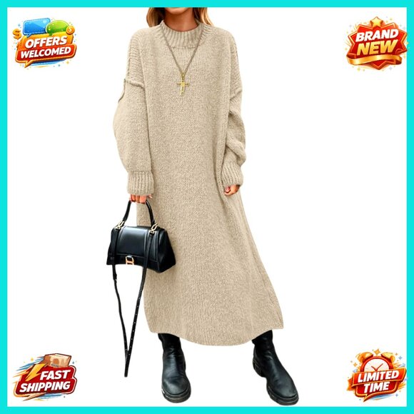 Oversized Sweater Dress Mock Neck Long Sleeve Chunky Knit Maxi Casual Warm